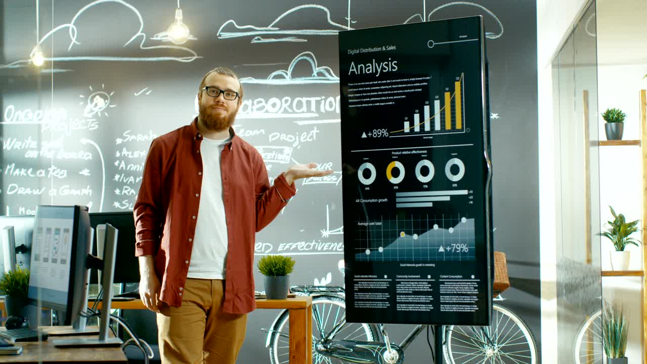 Male Developer Looks at Interactive Whiteboard with Mock-up Green Screen. He Points at Display with Presenting Gesture and a Smile. In the Background Creative Office with Chalkboard Wall with Project Plans Drawn.
