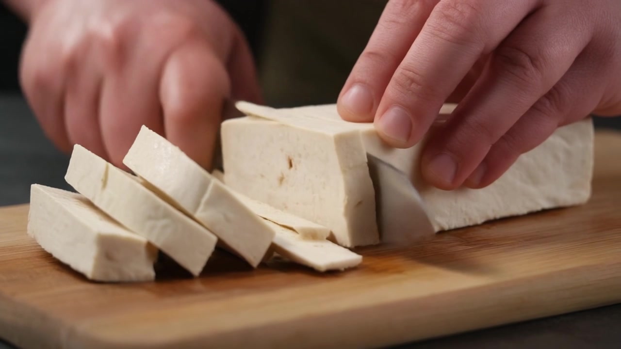 Chef che affetta un blocco di tofu fresco su un tagliere di legno