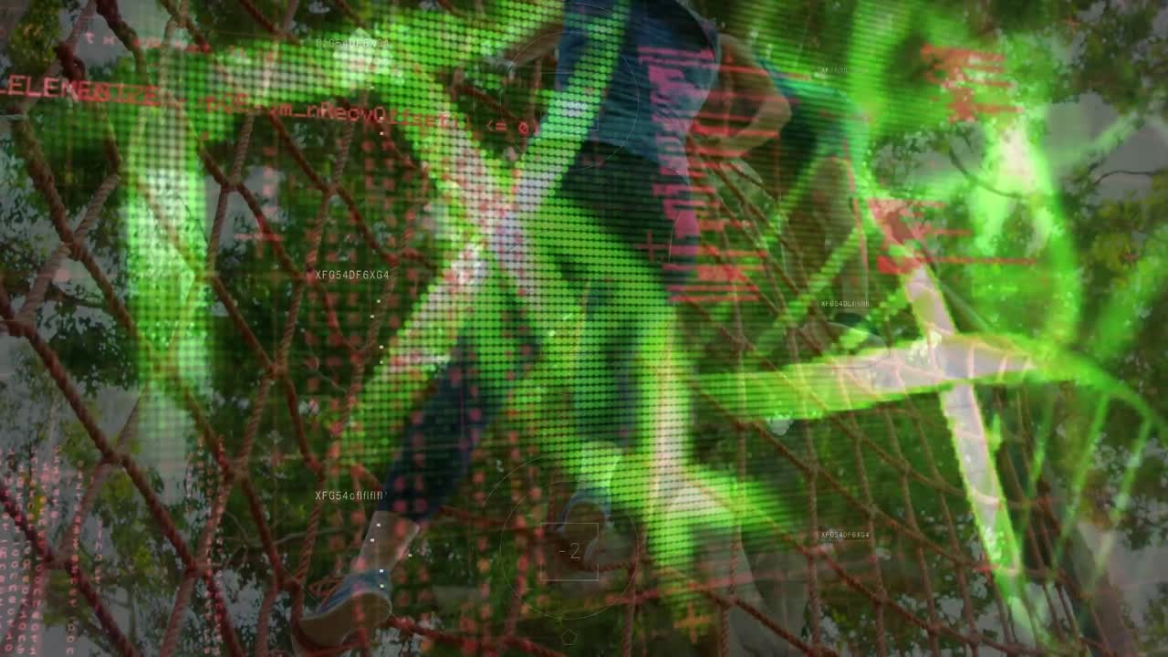 animación de procesamiento de datos y cadenas de adn sobre una mujer caucásica que sube