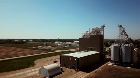 low altitude aerial flyby of a farm grain elevator business in the midwest