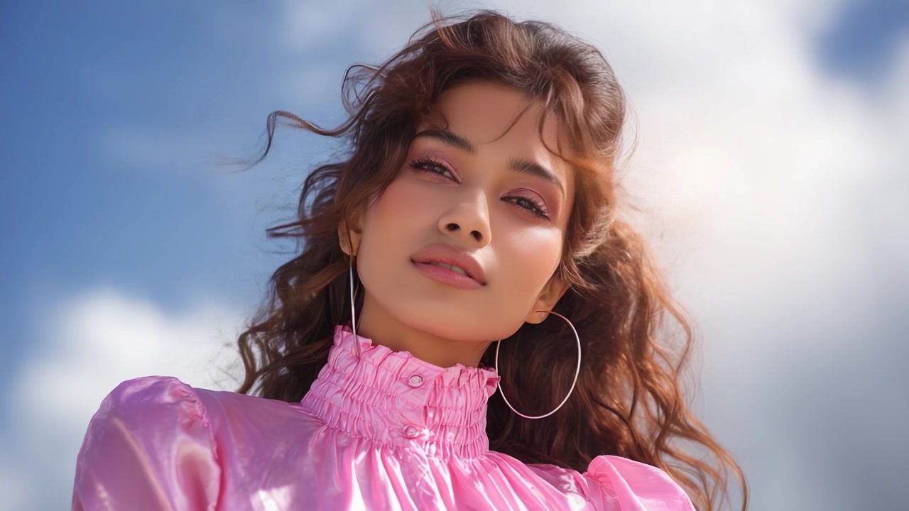 Ritratto accattivante di una giovane donna in camicetta rosa contro un cielo splendido, che mette in risalto la sua bellezza naturale e il suo stile elegante con effetti di luce soffusa.