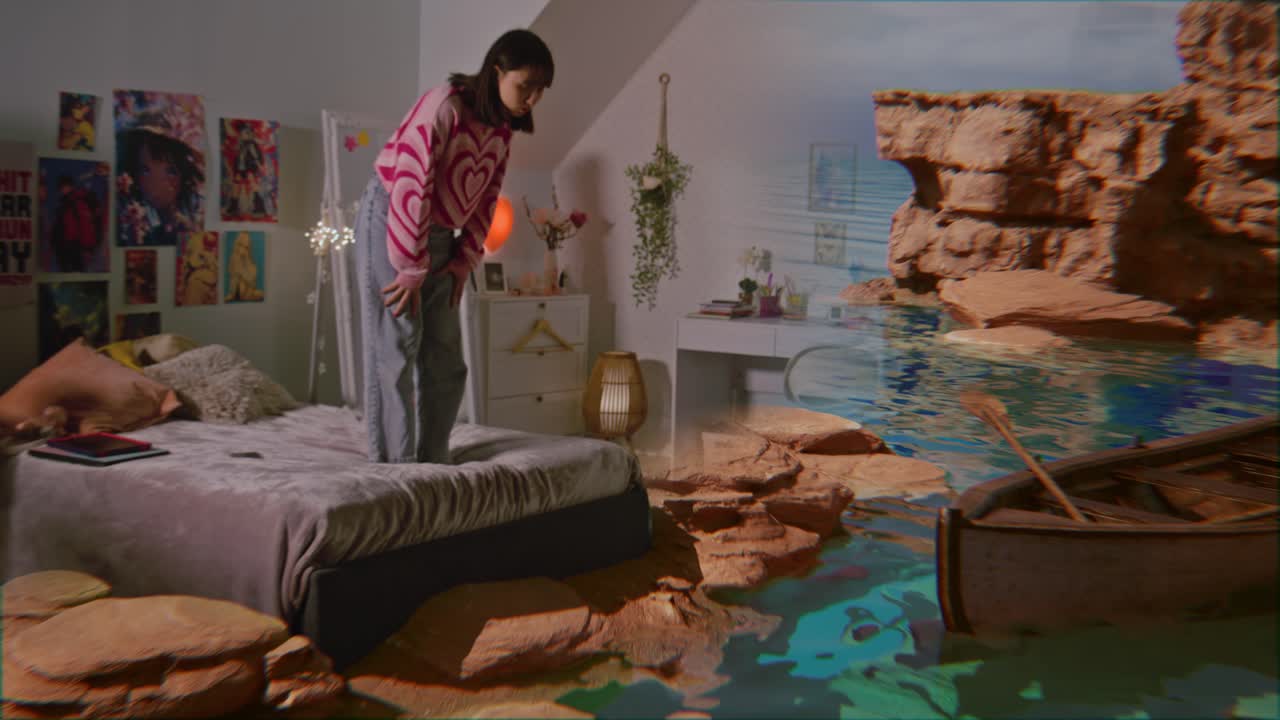 chica experimentando una experiencia de realidad virtual en su dormitorio