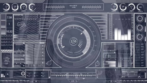 animation of data processing and diagrams over cityscape