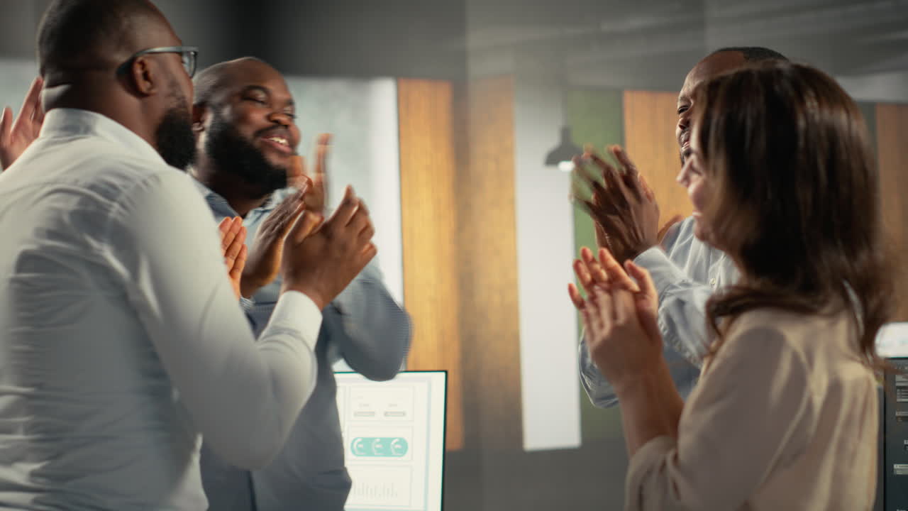 Multiethnic staff proud of their successful teamwork collaboration