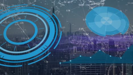 Animation-of-network-of-connections-and-scope-scanning-over-cityscape