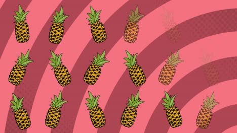 Animation-of-pineapple-repeated-over-pink-striped-background