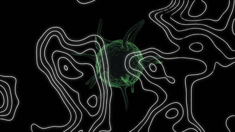 animación de la carta topográfica que se mueve sobre la célula verde flotante de covid 19, volviéndose blanca, en negro