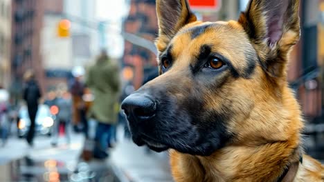 a german shepherd dog sitting on a city street looking at the camera