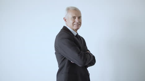 feliz hombre de negocios canoso positivo con traje y posando