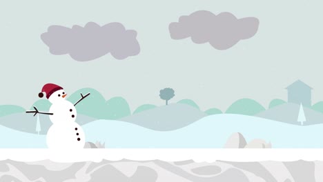 Hermosa-Y-Divertida-Animación-De-Fondo-De-Una-Ilustración-De-Paisaje-Nevado-Con-Un-Muñeco-De-Nieve-Y-Nieve,-Estilo-Plano-De-Dibujos-Animados