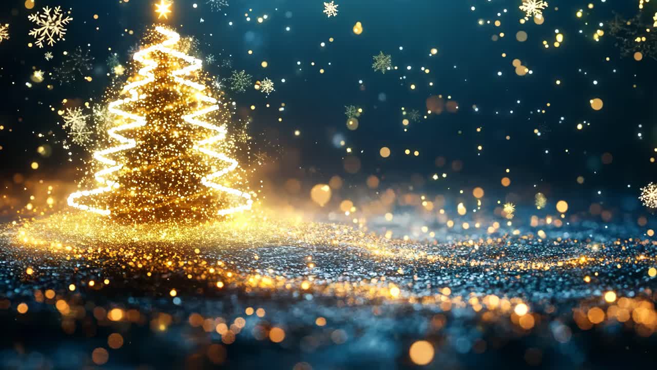 A Christmas tree with a star on top is lit up in a blue background. The tree is surrounded by a lot of sparkles, giving the scene a festive and magical atmosphere
