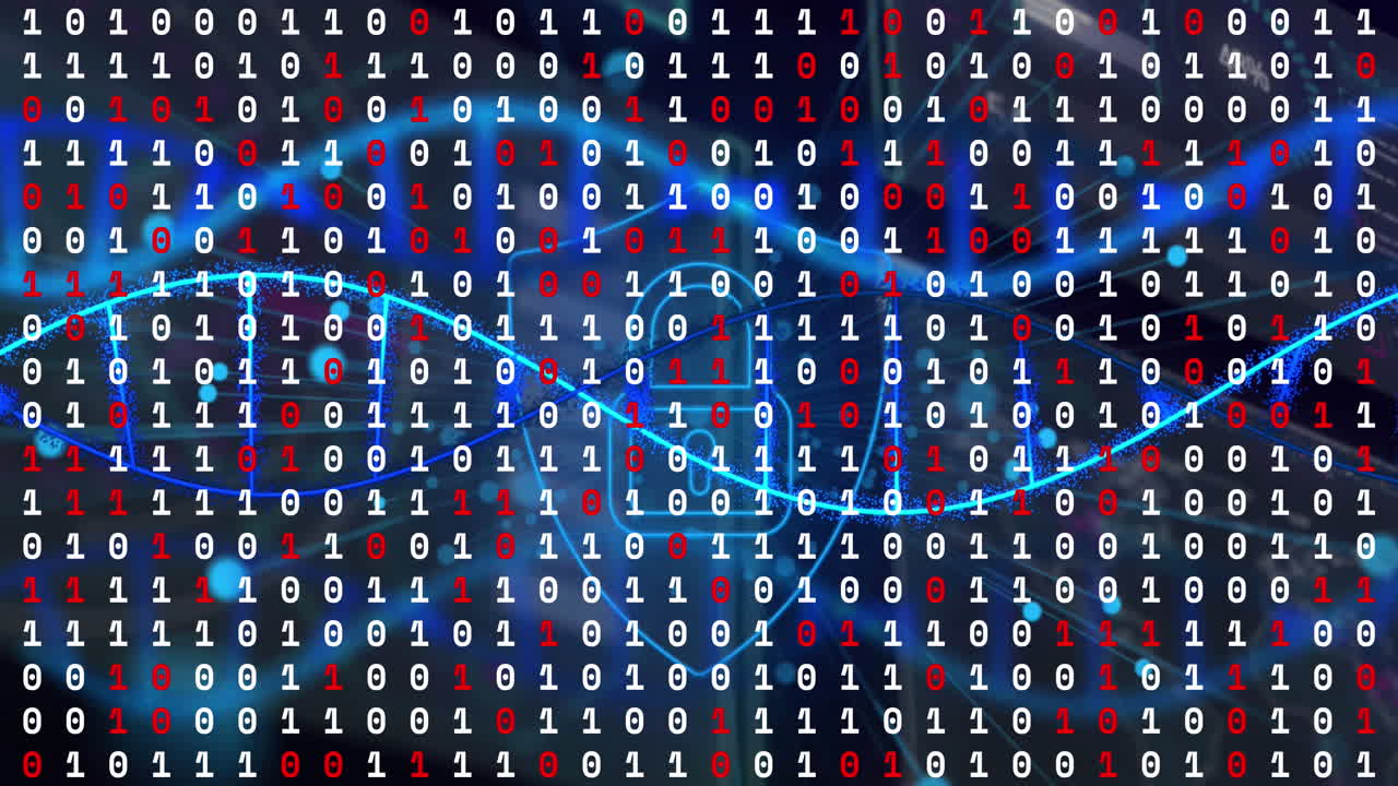 Animation of lock in shield with dna helix and binary codes over abstract pattern
