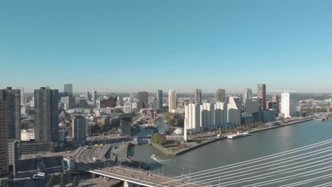 drone footage of a slow right pan of the city of rotterdam, netherlands and it's water channel on a sunny day