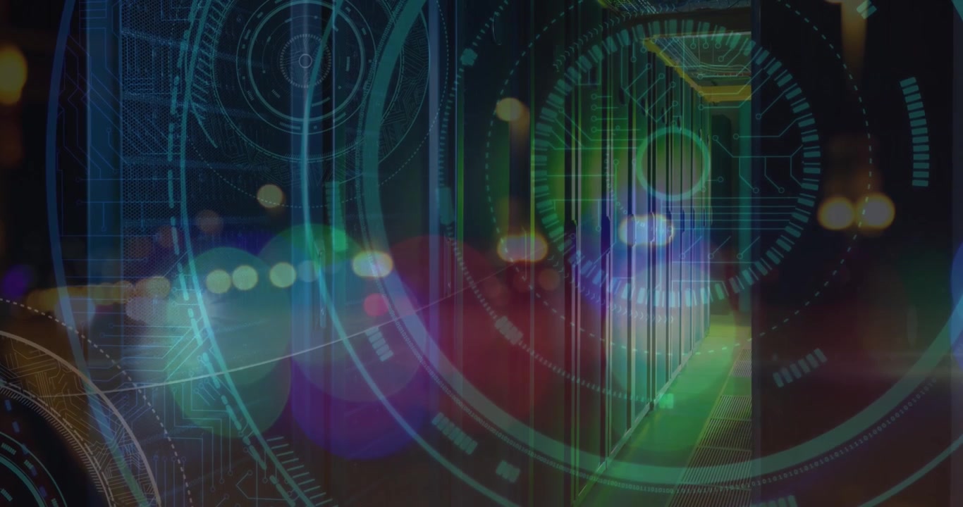 Animation of processing circles and server room over blurred night traffic
