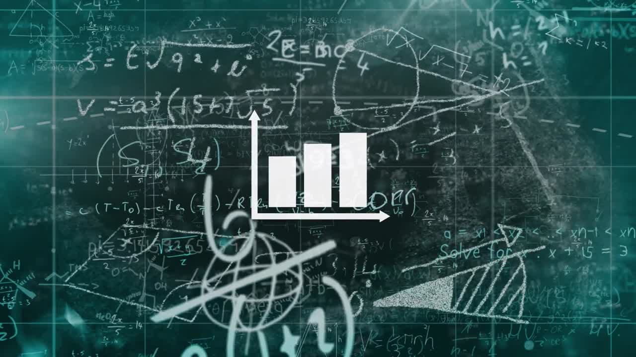 Graph icon against mathematical equations floating against green background