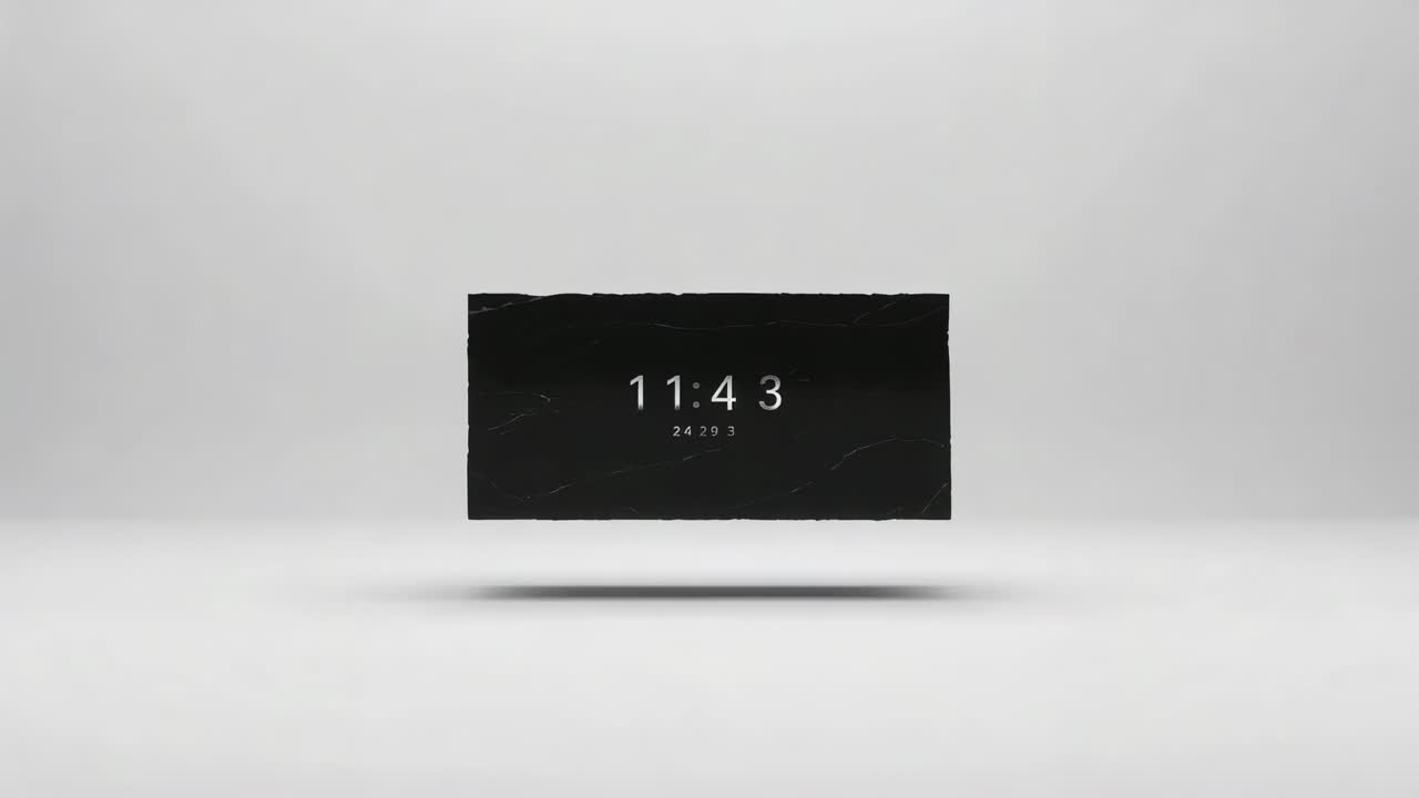 Appearing black floating panel with textured edges scaling up in studio, updating time to 11:56