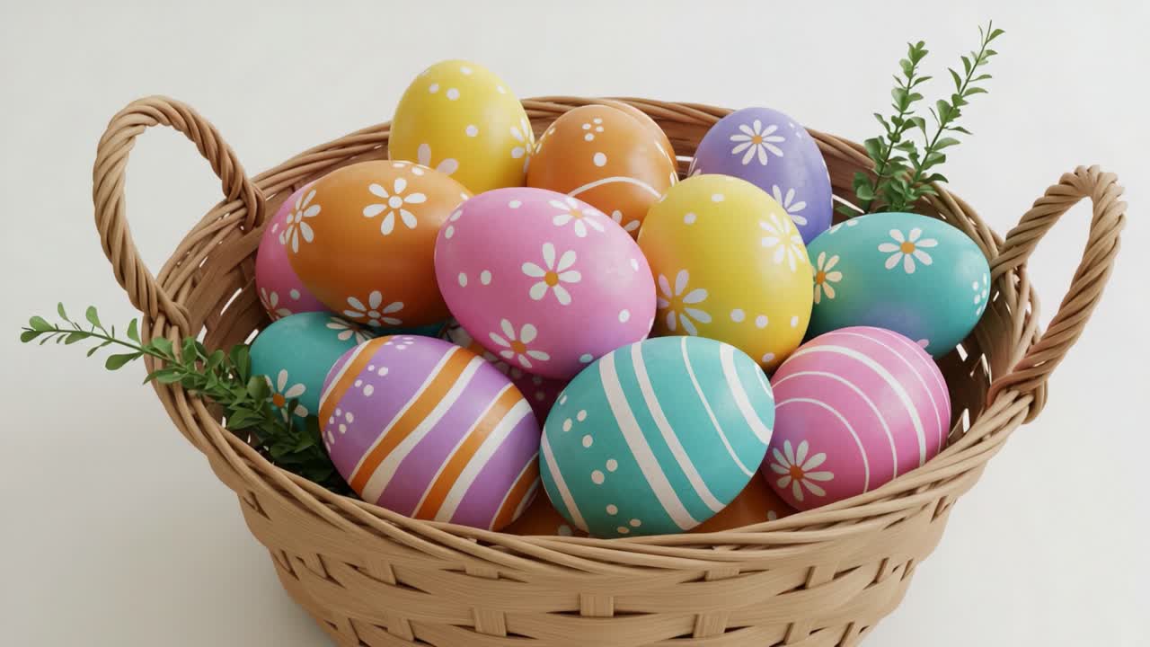 A Colorful Basket of Beautifully Decorated Easter Eggs Showcasing Various Patterns and Vibrant Colors, Surrounded by Fresh Greenery for a Joyful Spring Celebration