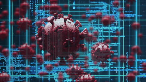 digital composite video of covid-19 cells moving against data processing in background