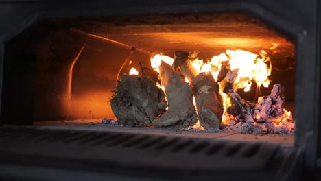 madera encendida con llamas en el horno tradicional de leña mientras el chef cierra la puerta del horno