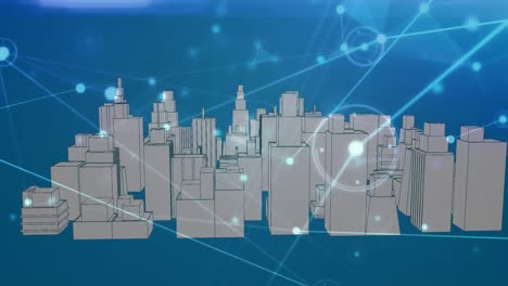 animation of network of connections over 3d city drawing spinning