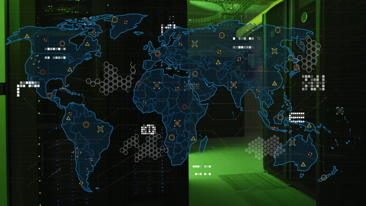 Animation of world map and data processing over computer servers