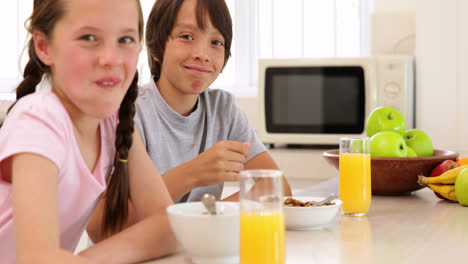 hermano y hermana comiendo cereales juntos