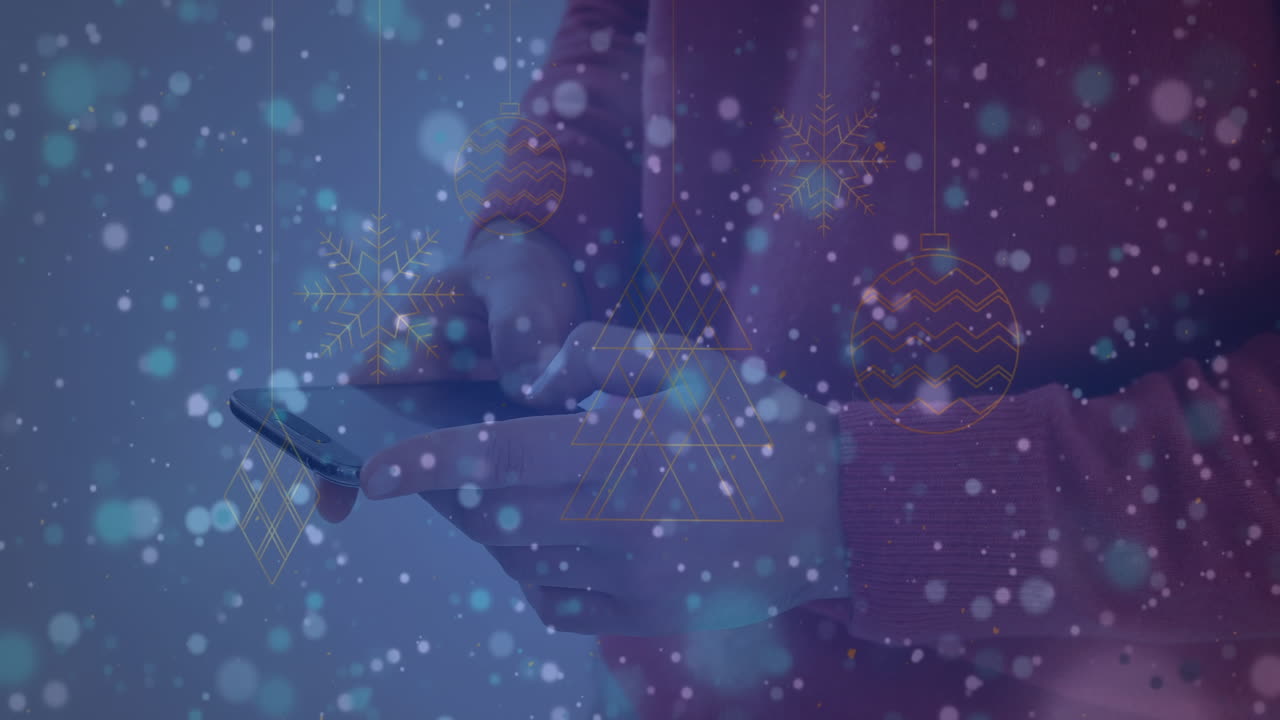 스마트폰을 사용하는 사람의 중간 부분에 대한 파란 반점과 추상적인 모양의 애니메이션