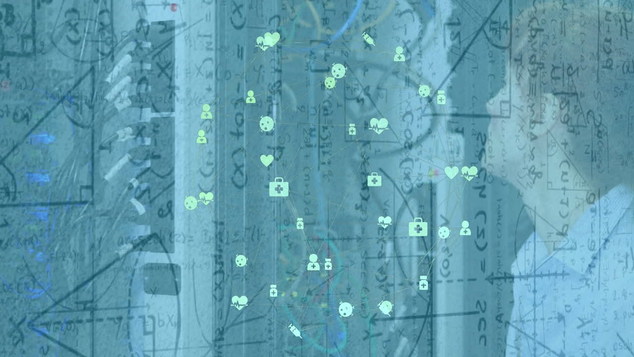 디지털 애니메이션은 여성의 컴퓨터에서 글로벌 네트워크 연결을 보여줍니다.