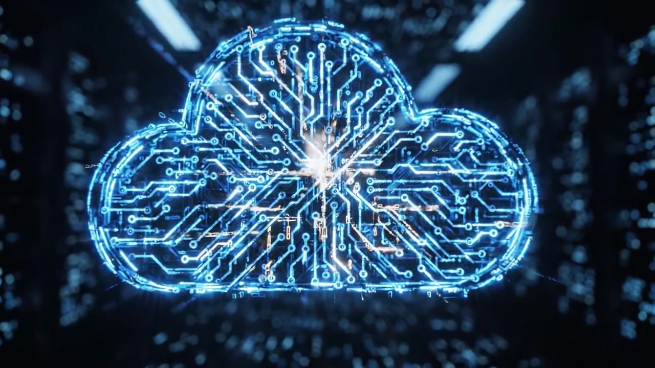 Futuristic Cloud Technology Represented by a Digital Circuit Pattern in a Dark Server Environment Showcasing Advanced Connectivity and Data Storage Solutions
