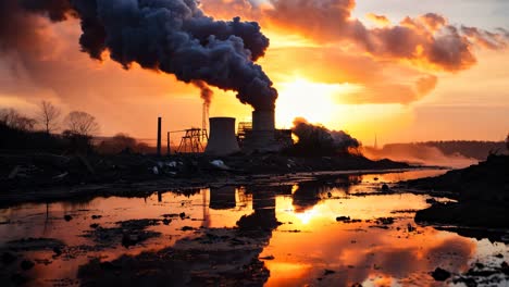 industrial landscape at sunset with smokestacks and reflective water