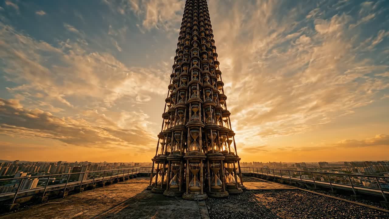 Zeitraffer von Sanduhrturm mit ziehenden Wolken bei Sonnenuntergang