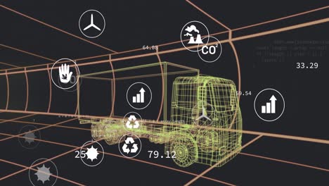 animación de múltiples iconos digitales sobre un modelo de camión 3d que se mueve en un patrón sin costuras en un túnel