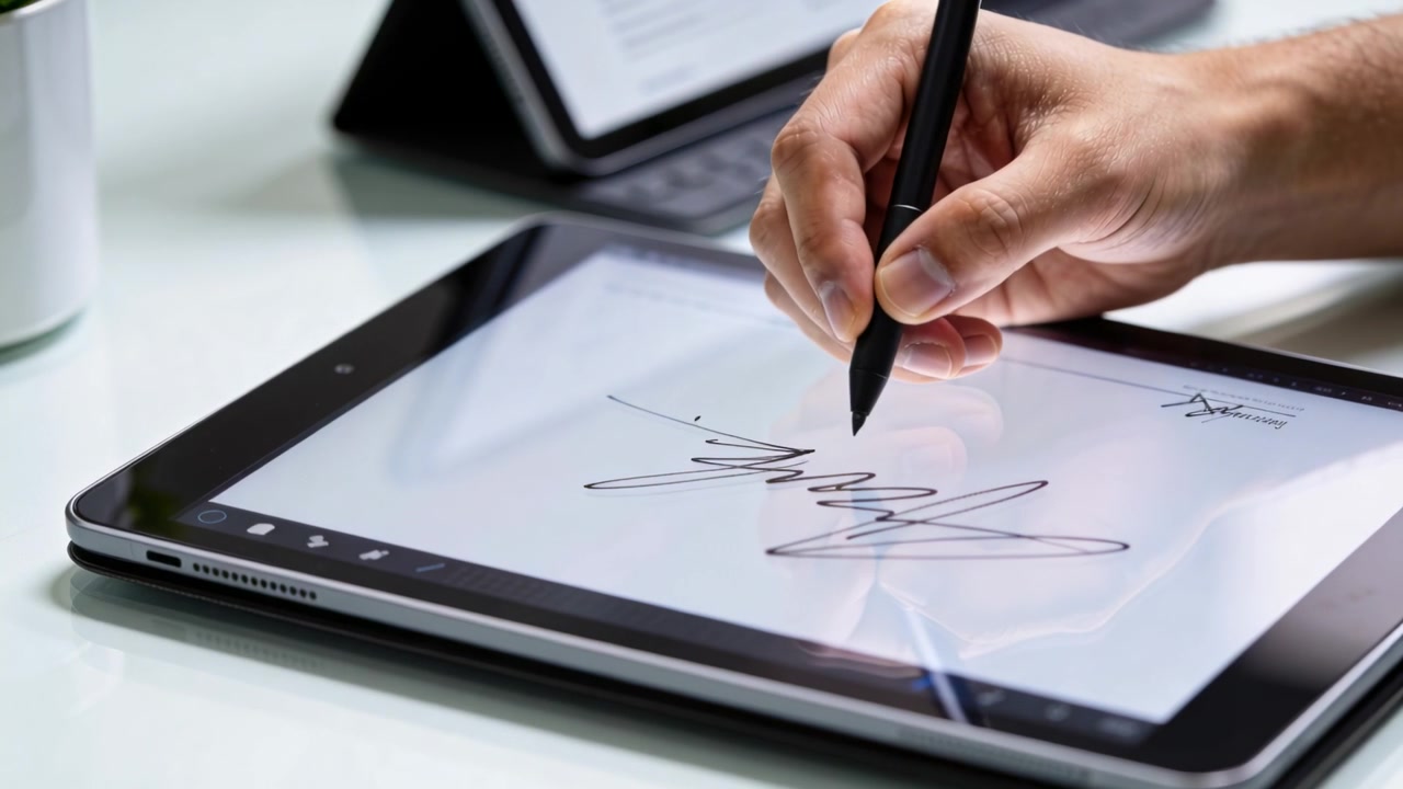 Mano destra che tocca lo stilo e traccia una firma su un tablet alla scrivania, firmando un modulo, con dispositivo e tazza.
