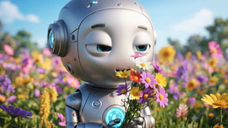 robot in a field of flowers