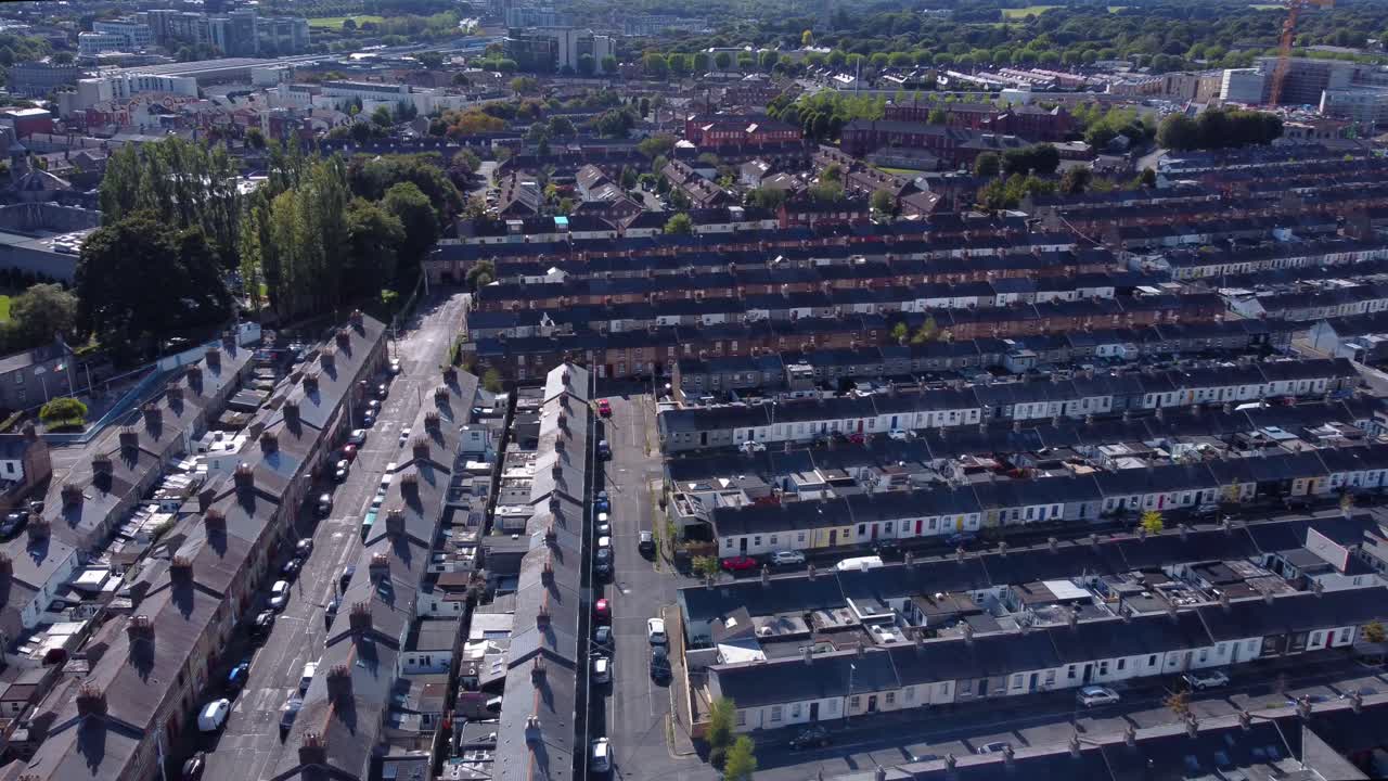 Aerial Panning Shot of Symmetrical Row House Neighborhood in Dublin, Ireland