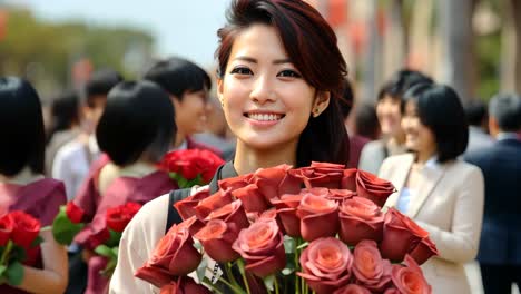 young woman holds bouquet of red roses in busy city street during daytime