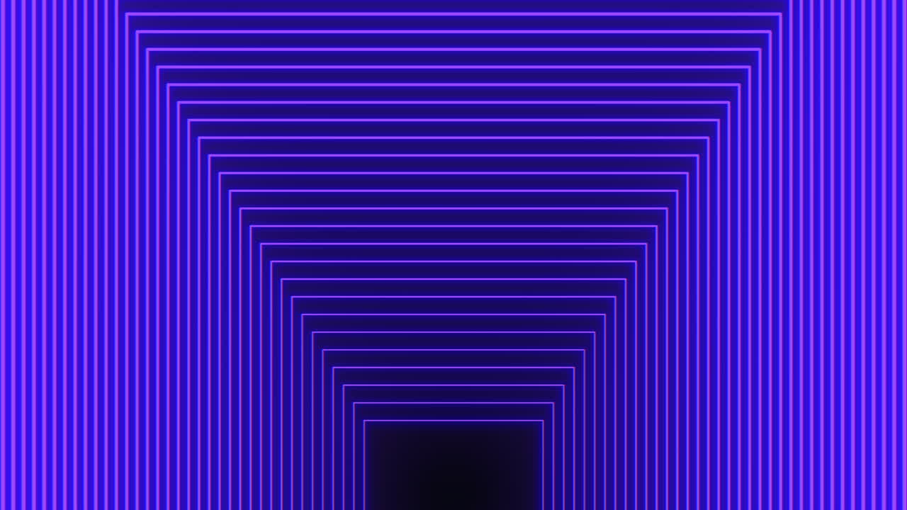 Sfondo a tunnel quadrato al neon luminoso con linee viola e centro scuro