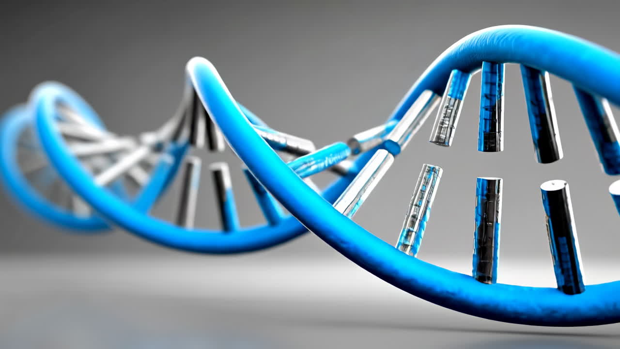 3D model of blue DNA helix structure. A blue 3D DNA helix floats against a neutral background, showcasing its genetic structure intricacies