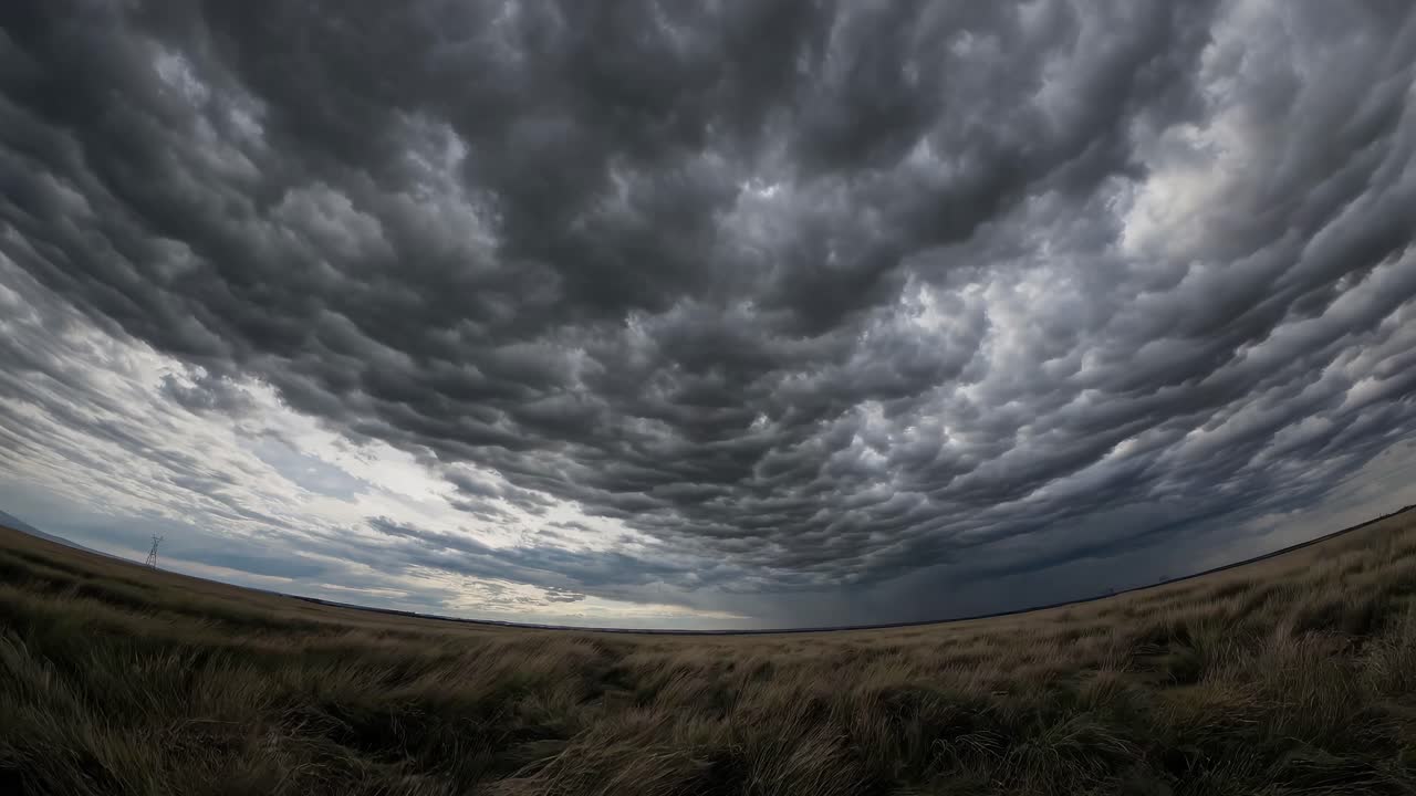 Dramatic wide-angle shot of a stormy sky over a grassy field, capturing the intense