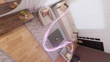 energía que fluye dentro de un apartamento moderno sala de estar renderización 3d