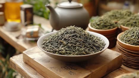 green tea leaves with teapot