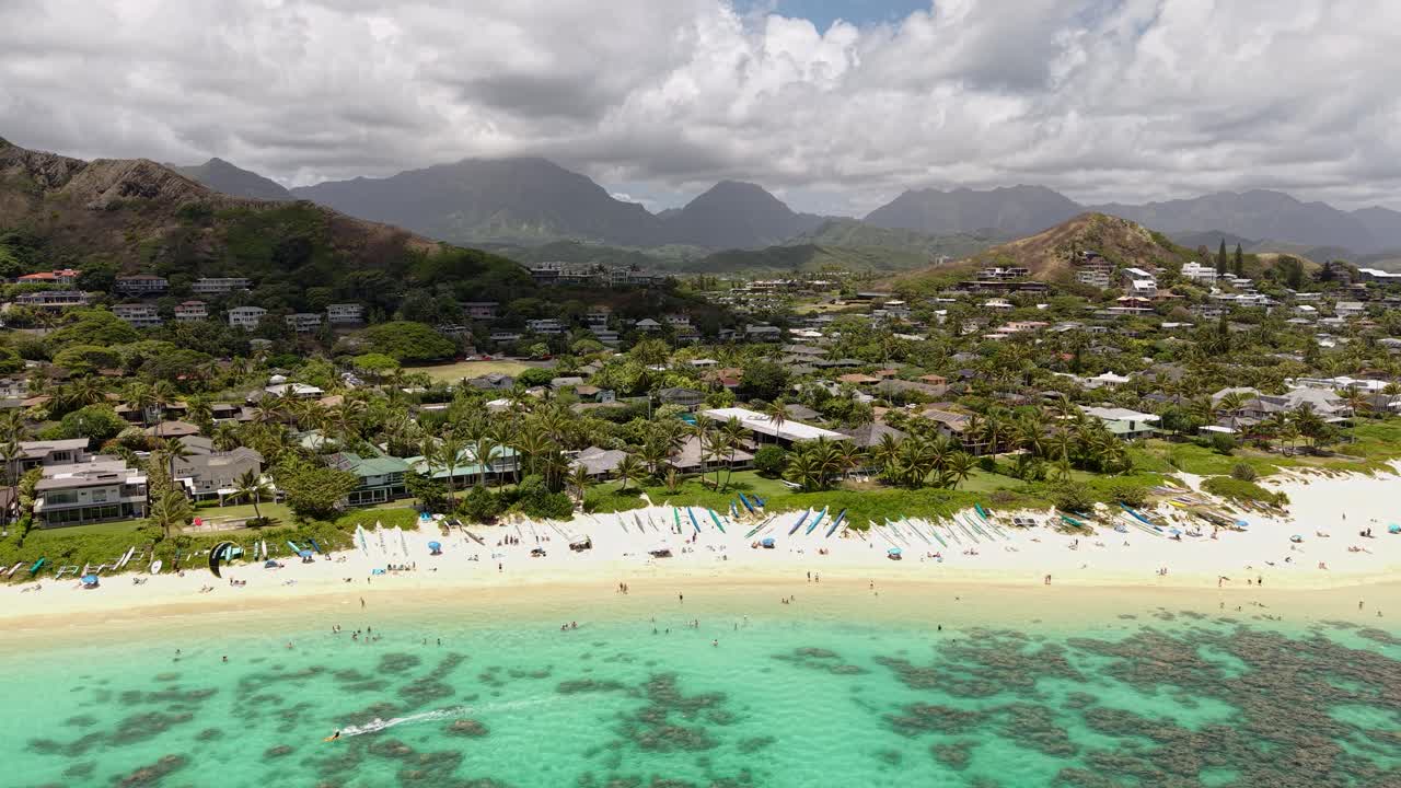 Drone Shot of Lanikai Beach, Oahu Island, Hawaii. White Sand and Homes in Kalua