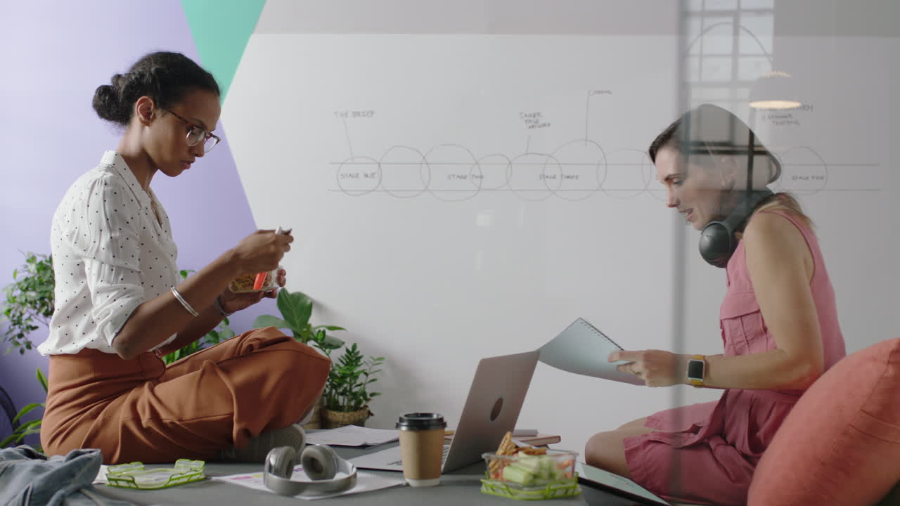 mujeres de negocios creativas haciendo una lluvia de ideas trabajando juntas en la fecha límite del proyecto discutiendo ideas en la pizarra planificando una estrategia exitosa señalando la solución disfrutando del almuerzo en la oficina