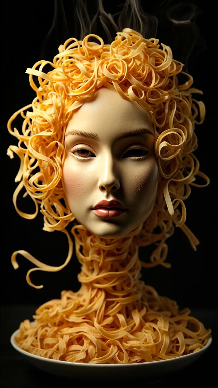Surreal Pasta Head Sculpture with Steaming Noodles