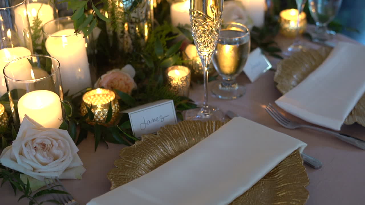 Beautiful Wedding Place Setting Champagne Flute, Name Tag, Flowers on Sweetheart Table