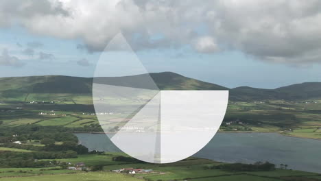 pie chart animation over scenic landscape with hills and lake