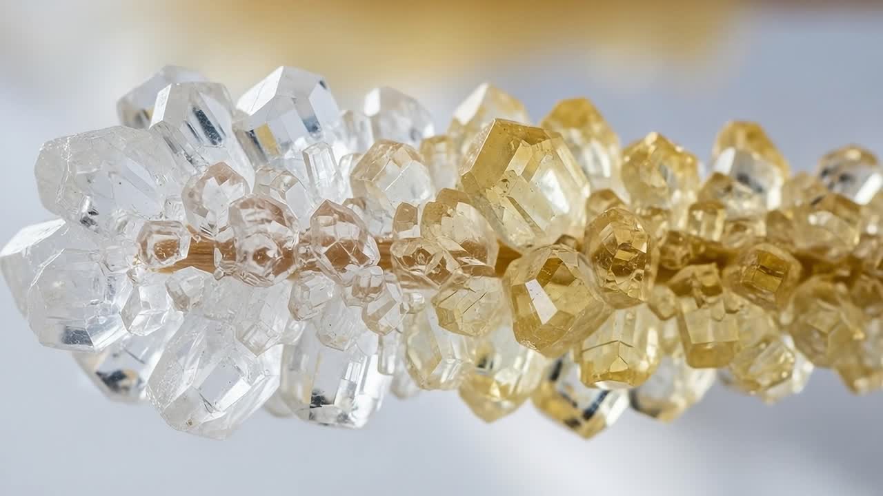 A Stunning Close-up of Intricate Crystal Structures Showcasing a Gradient of Clear to Golden Tones in a Unique Composition of Natural Beauty