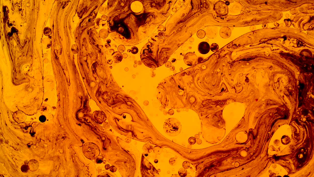 Colorful oil drops floating on water surface, top view. Fantastic abstract background. Bright bubbles moving and spreading. Close up 4k video of weird liquid structures. Scientific chemical experiment