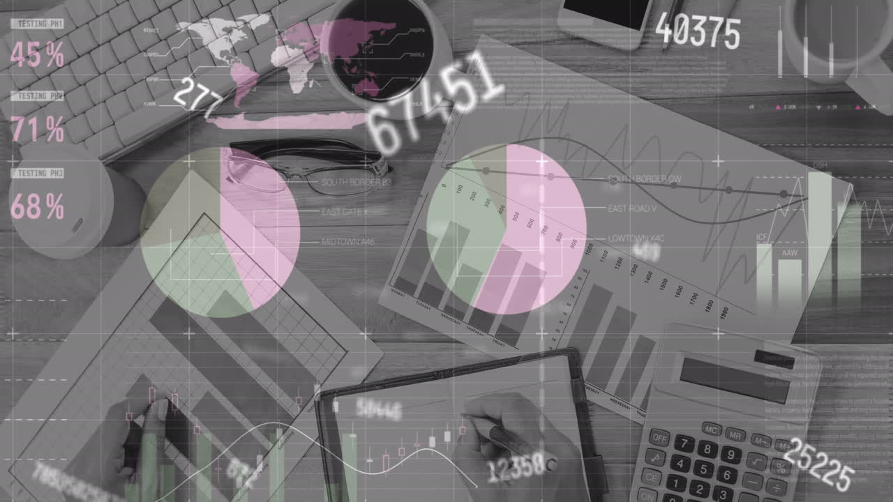 animazione dell'elaborazione dei dati statistici e del cambio di numeri su apparecchiature di ufficio su un tavolo di legno