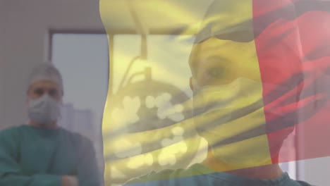 Animation-Der-Flagge-Rumäniens,-Die-über-Chirurgen-Im-Operationssaal-Weht